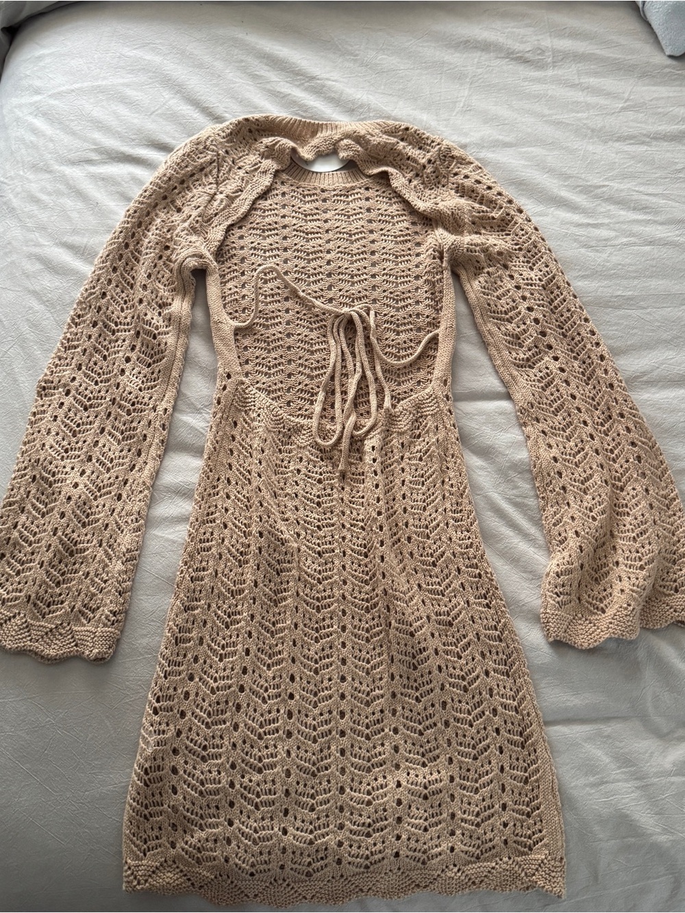 NWT Beige Crochet Knit Long-Sleeve Swim Coverup